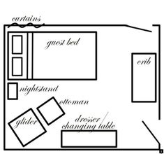 a drawing of a bedroom with the bed and other furniture labeled in black ink on white paper