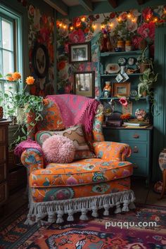 a colorful chair in front of a window with flowers on the wall and other decorations around it