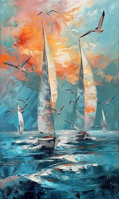 an oil painting of sailboats in the ocean