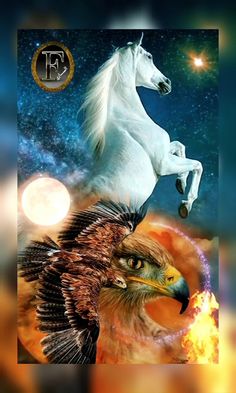 an eagle and a white horse are in the sky with stars above them, as if they were flying through the air