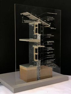 a glass display case with an architectural diagram on the front and bottom part of it