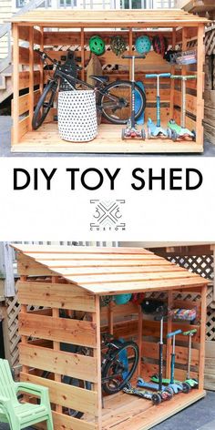 a diy toy shed made out of pallets and wooden crates with the words diy toy shed on it