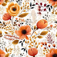 an orange and red floral pattern on white background with leaves, flowers, and berries