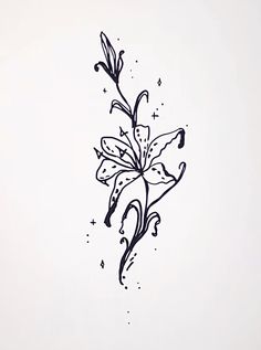 a black and white drawing of a flower with stars on it's side, in the corner of a wall