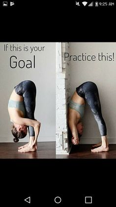 a woman doing a handstand in front of a brick wall with the words, if this is your goal practice this