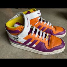 Purple And Orange With Yellow Interior, [Mashiara] On Strap Loosely Translates To “One Love”. One Of A Kind, Adidas Mi Custom Forum Mid Us9 Medium Fit Fty 791001 12-09. Condition Is "Pre-Owned", Barely Worn, Some Reasonable Creasing As Pictured, Great Condition. Shipped With Fedex. Adidas Purple, Yellow Interior, Purple And Orange, One Love, Shoes Adidas, Purple Orange, Orange And Purple, Adidas Shoes, Adidas Women