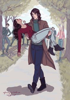 a drawing of a man carrying a woman on his back while walking down a path