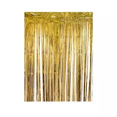 gold foil fringe curtain hanging from the ceiling