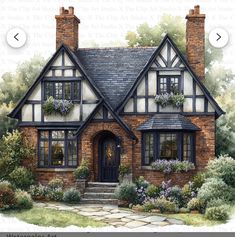 an artist's rendering of a house with flowers on the front and side windows