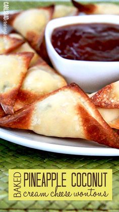 some food is sitting on a plate with dipping sauce