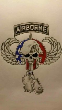 an airborne logo with two wings and a skull in the middle is shown