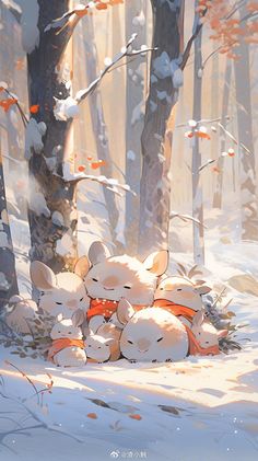 there are many stuffed animals laying in the snow by some trees and leaves on the ground