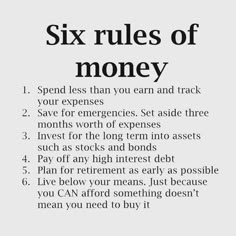 the six rules of money is shown in black and white, with text on it