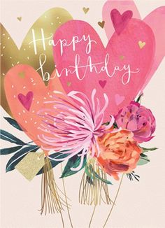 a birthday card with flowers and hearts