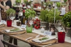 the table is set with many plants and place settings for guests to sit down at