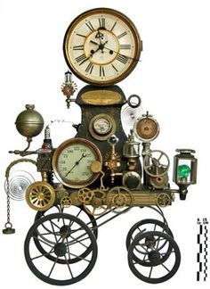 an old fashioned cart with clocks and other things on it's sides, including a clock