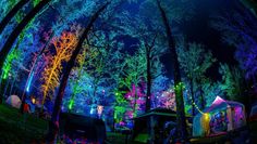 a tent in the middle of a forest with colorful lights on it's walls