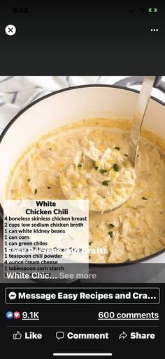 the recipe for chicken and cheese soup is shown in this screenshote screen shot