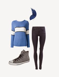 a pair of black jeans, blue sweater and converse sneakers are featured in this image