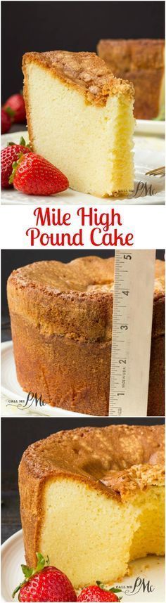 three pictures showing different types of pound cake on plates with measuring tape in front of them