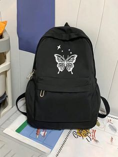 1 Butterfly Print Backpack, Fashionable And Versatile Casual Sports Shoulder Bag, Suitable For Girls, Boys And Children To Go Back To School, Travel And Leisure, Solid Color Classic Backpack, Suitable For Daily Use, School And Commuting Butterfly Print Student Backpack, Kawaii College Style Schoolbag, Large Capacity Travel Schoolbag, Must-Have For Postmen Black Casual   Polyester Animal,Cartoon,Letter,Plain,Plants Classic Backpack   Kids Bags & Luggage, size features are:Bust: ,Length: ,Sleeve L Y2k School Backpack, Preppy Backpacks For School, School Bags For Girls Student, Cute Small Backpacks, Cute Black Backpack, Black School Bags, Small School Bags, Cute School Bags, Stylish School Bags