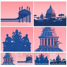 a series of four images depicting the architecture of different countries in blue and pink tones