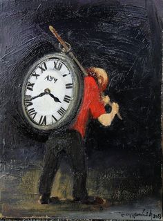 a painting of a man holding a clock with the words in spanish above it,