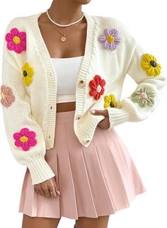 Puffy Flower Cardigan, Flower Cardigan Outfit, Cardigan With Flowers, Knit Crop Cardigan, Flower Cardigan, Cropped Cardigan Sweater, Floral Cardigan, Cardigan Outfits, Fabric Floral