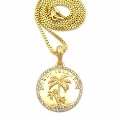 Size Of Pendant: 1.25" X 1.85" Chain: 2mm 24" Box Chain 14k Gold Plated Palm Tree Pendant, Tree Pendant, Mens Accessories Jewelry, Mens Gold, Box Chain, Palm Tree, Gold Plate, Mens Accessories, Plating