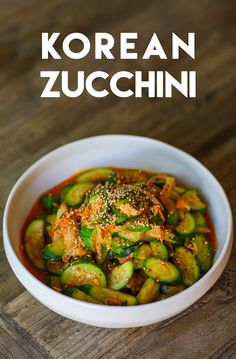 korean zucchini in a white bowl on a wooden table