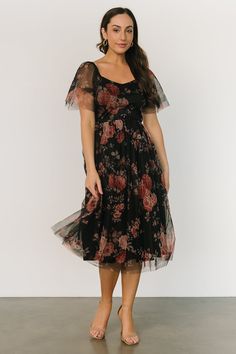 Gwyneth Tulle Midi Dress | Black Multi - Baltic Born Semi Formal Wedding Attire, Floral Organza Dress, 34c Size, Cocktail Wedding Attire, Barn Wedding Dress, Formal Wedding Attire, Casual Dresses Plus Size, Tulle Midi Dress, Sweetheart Neckline Dress