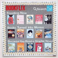 a bulletin board with books on it and the words'bookflix trending now '