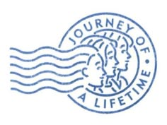 a stamp with the words journey of a life time written in blue ink on a white background