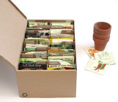 an open box containing several different types of teas and a potted plant next to it