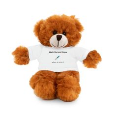 a brown teddy bear wearing a white shirt