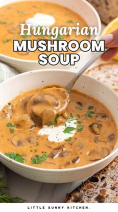 a close up of a bowl of mushroom soup with bread in the background and text overlay that reads, hungarian mushroom soup