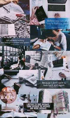 a collage of photos with people working on laptops and writing in notebooks