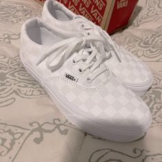 Women’s Size 5 Wide Van’s Checkerboard (White/White) Canvas Sneakers. New With Tags, Bought For My Daughter And Never Worn! Trendy White Skate Shoes With Branded Insole, White Vans Sneakers, Vans White Skate Shoes With Round Toe, Classic White Lace-up Skate Shoes, White Lace-up Vans Sneakers, White Cotton Vans Canvas Shoes, Classic White Vans Skate Shoes, White Vans Canvas Shoes For Skateboarding, White Vans Synthetic Skate Shoes