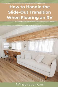 One of the most common projects in an RV renovation is replacing the flooring with luxury vinyl planks. But one thing can make installation particularly tricky: finishing the flooring transition at the edge of an RV slide-out. In this article I’ll share the solutions we came up with, with pictures of several different types of RV slide-outs and exactly how the flooring was installed on each. #rvinspiration #rvrenovation Rv Remodel Flooring, Floor Transition Strip, Travel Trailer Living, Camper Reno, Luxury Vinyl Planks, Park Model Rv, Rv Renovation