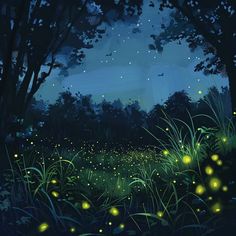 a painting of fireflies in the night sky above a field full of grass and trees