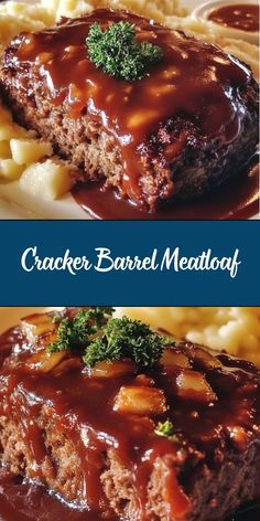 two pictures of meatloaf with gravy and mashed potatoes on the side