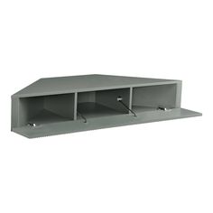 a gray shelf with three compartments on each side