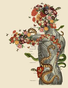 an image of the back of a woman's neck with flowers and snakes on it