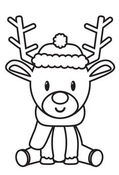 a reindeer with a hat and scarf on it's head is shown in black and white