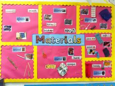 a bulletin board with words and pictures on it that say materials, such as yarn, paper clips, scissors, tape, etc