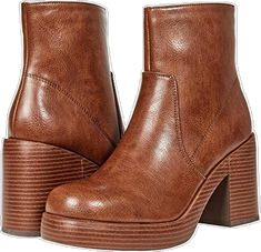 Synthetic Ankle Boots For Fall, Trendy Leather Boots With Chunky Platform, Casual Platform Moto Boots For Fall, Trendy Ankle-high Moto Boots With Stacked Heel, Brown High-top Platform Heeled Boots, Synthetic Ankle-high Boots For Fall, Fall High-top Chunky Platform Wedge Boots, Ankle-high Synthetic Boots For Fall, Fall Chunky Platform High-top Wedge Boots