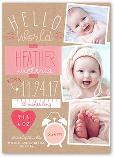 a baby's birth announcement card with photos and hearts on the front, in pink