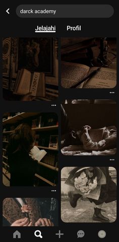 an iphone screen with several different pictures and text on the bottom right corner, including bookshelves