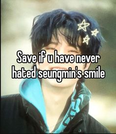 a boy with blue hair and stars on his head, says save if u have never had