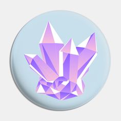 a button with an abstract purple and white design on the front, against a light blue background